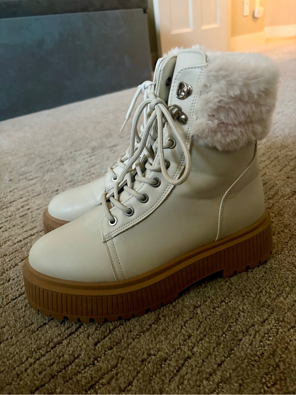 Qupid Cream Lace-Up Platform Ankle Boots with Faux-Fur Collar